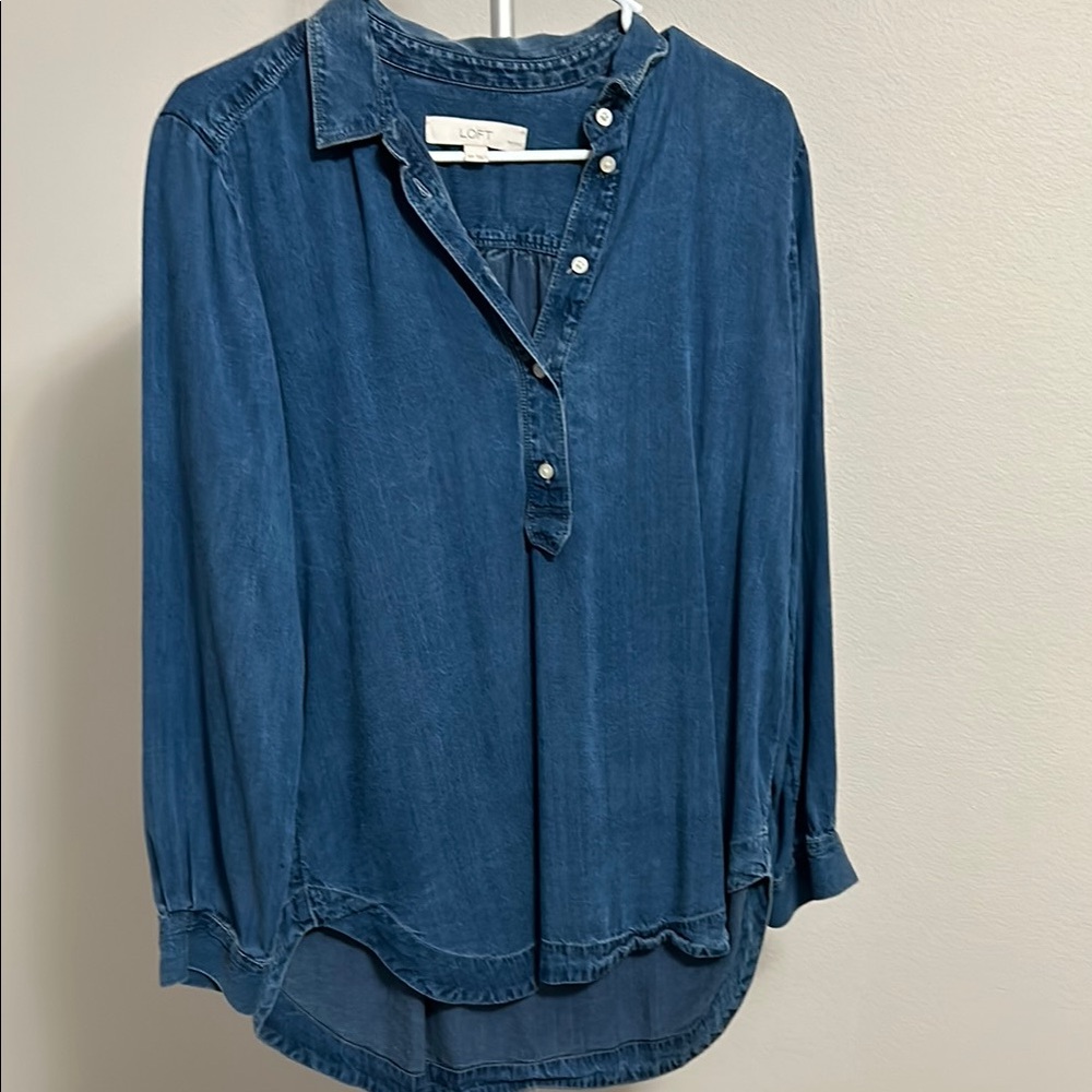 LOFT Blue Relaxed Button Down Polo Collar Shirt